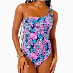 Lily Pulitzer NWT Leola One Piece Swimsuit 4 Navy Blue Pink One Shoulder